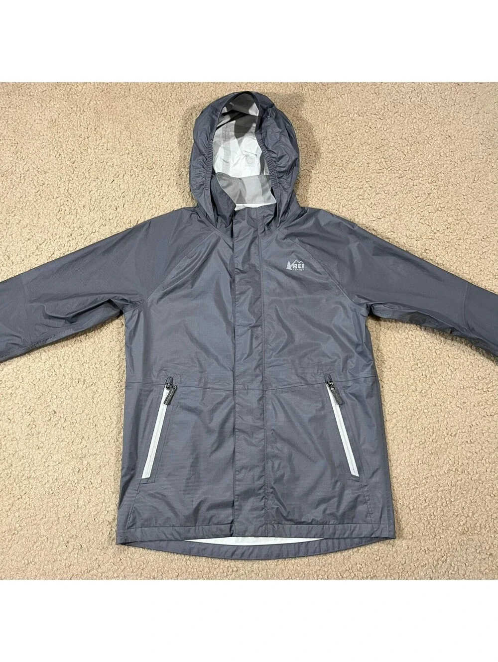 REI Co-op Kids Gray Rain Waterproof Jacket Size Large 14-16 (flaw)